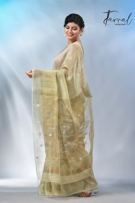 Light Olive green tisue silk linen handwoven jamdani saree