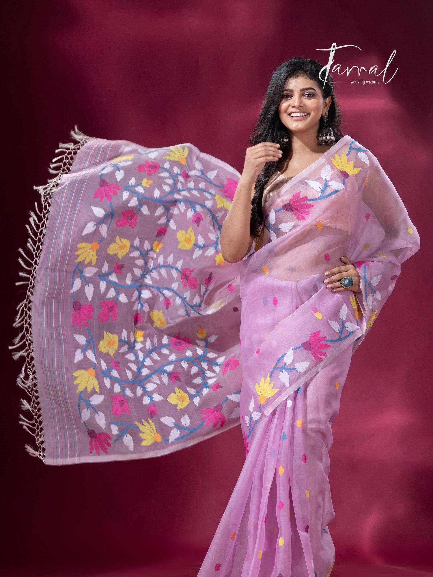Light Pink floral motifs handwoven muslin silk jamdani saree