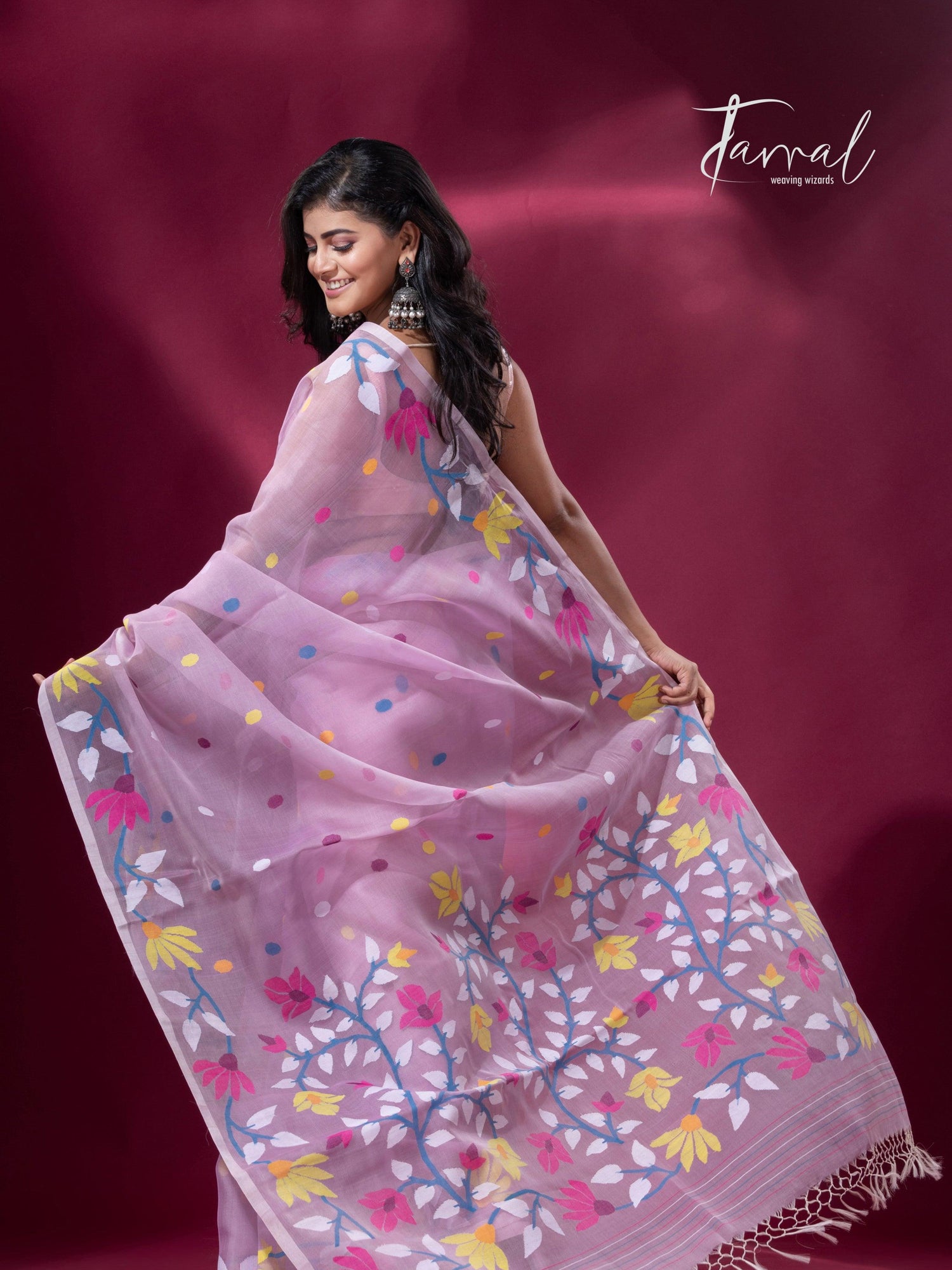 Light Pink floral motifs handwoven muslin silk jamdani saree back