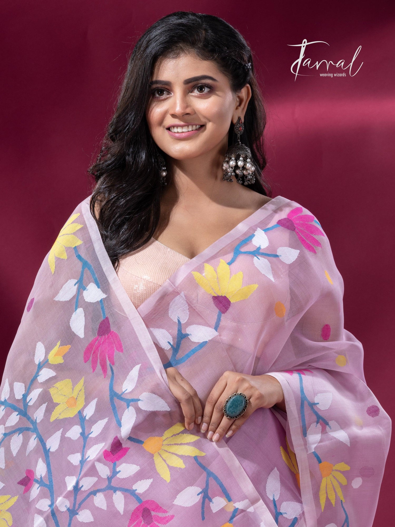 Light Pink floral motifs handwoven muslin silk jamdani saree cls