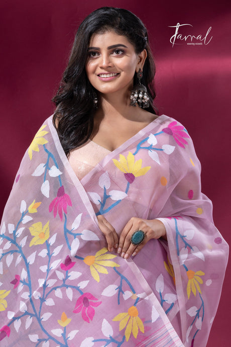 Light Pink floral motifs handwoven muslin silk jamdani saree cls