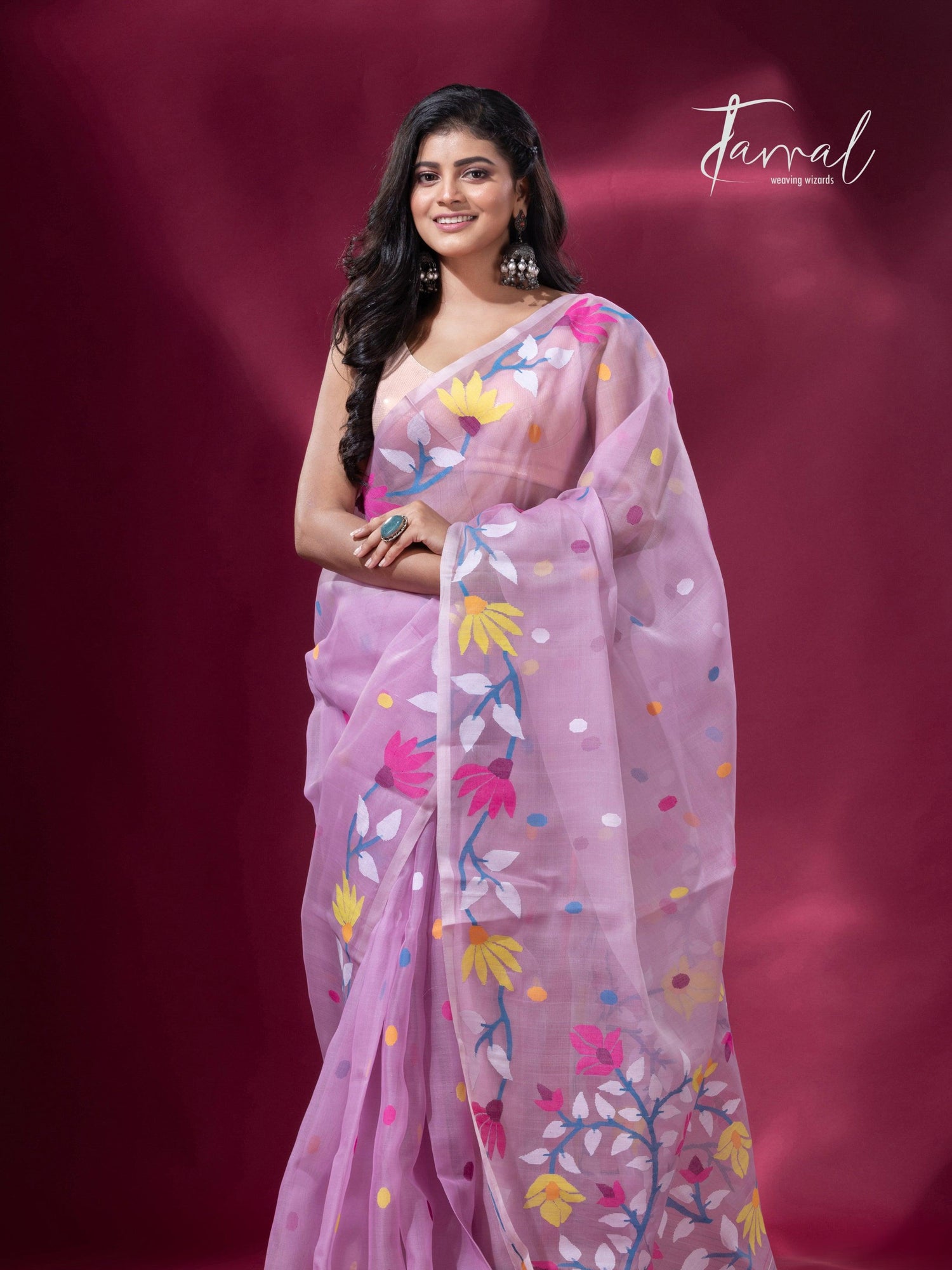 Light Pink floral motifs handwoven muslin silk jamdani saree full