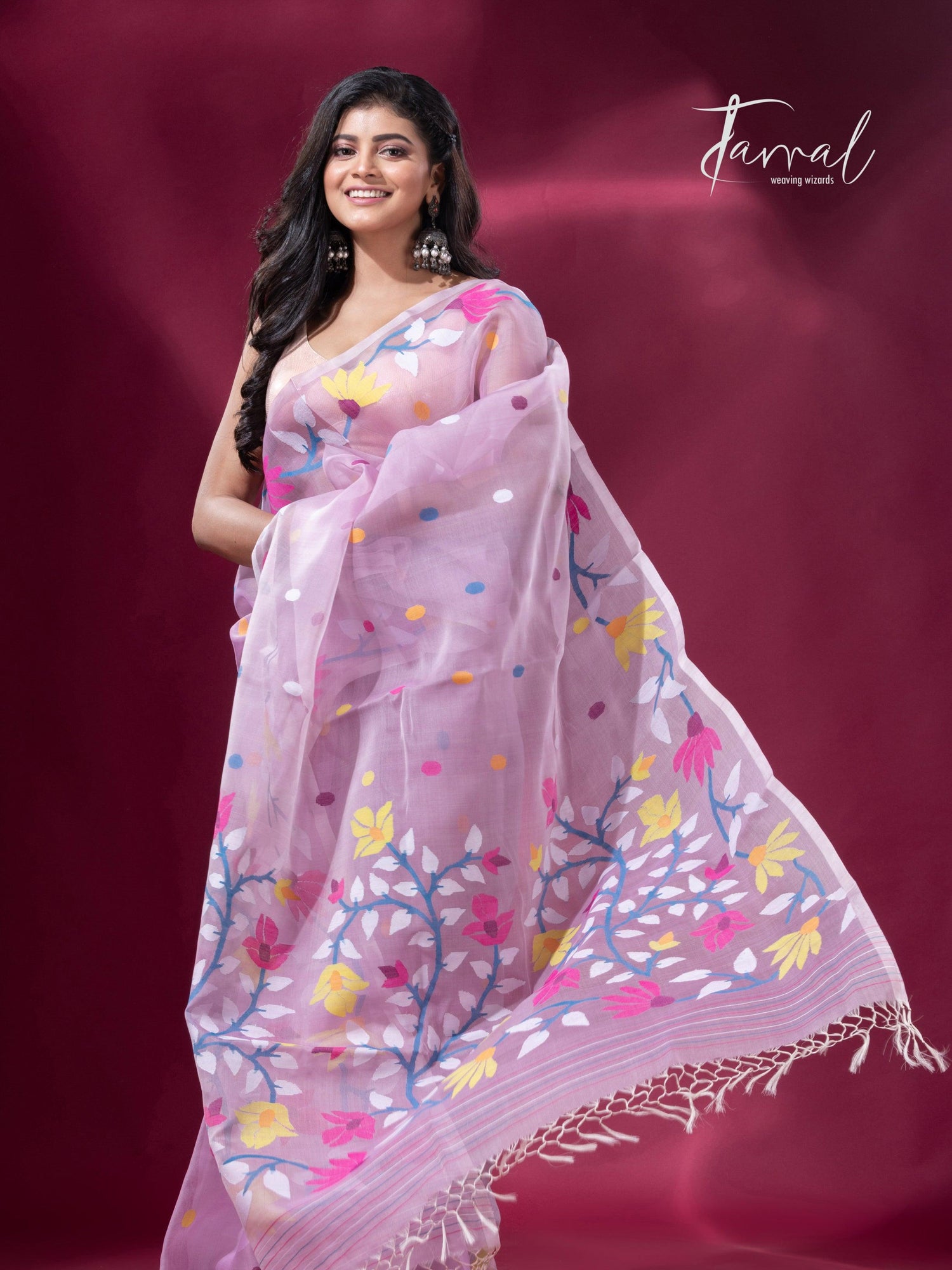 Light Pink floral motifs handwoven muslin silk jamdani saree left