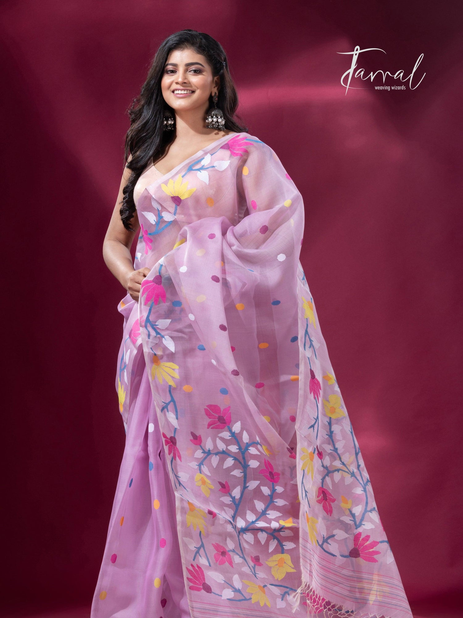 Light Pink floral motifs handwoven muslin silk jamdani saree right