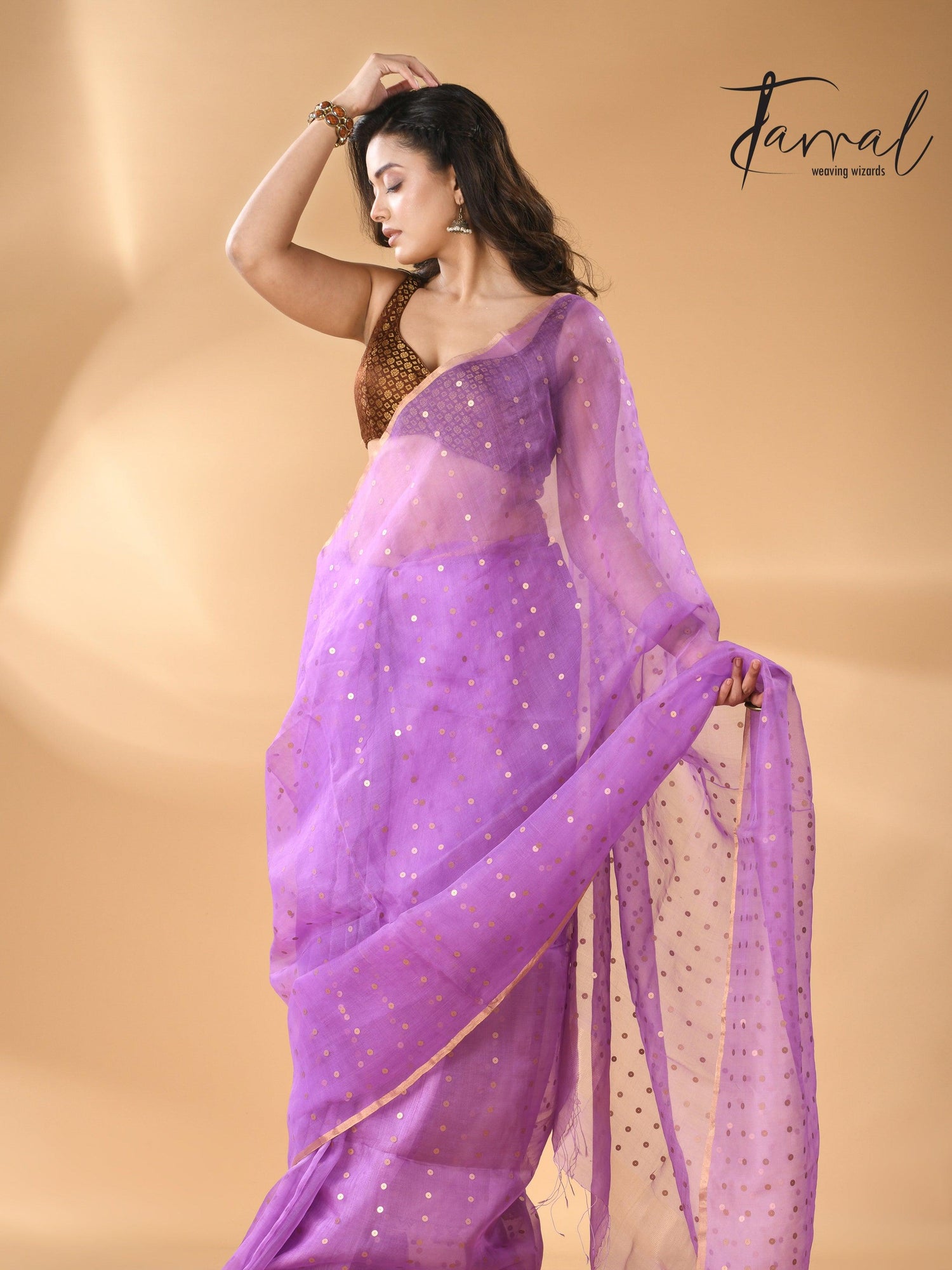Light Purple With Zari Sequins Muslin Silk Handwoven Jamdani Saree