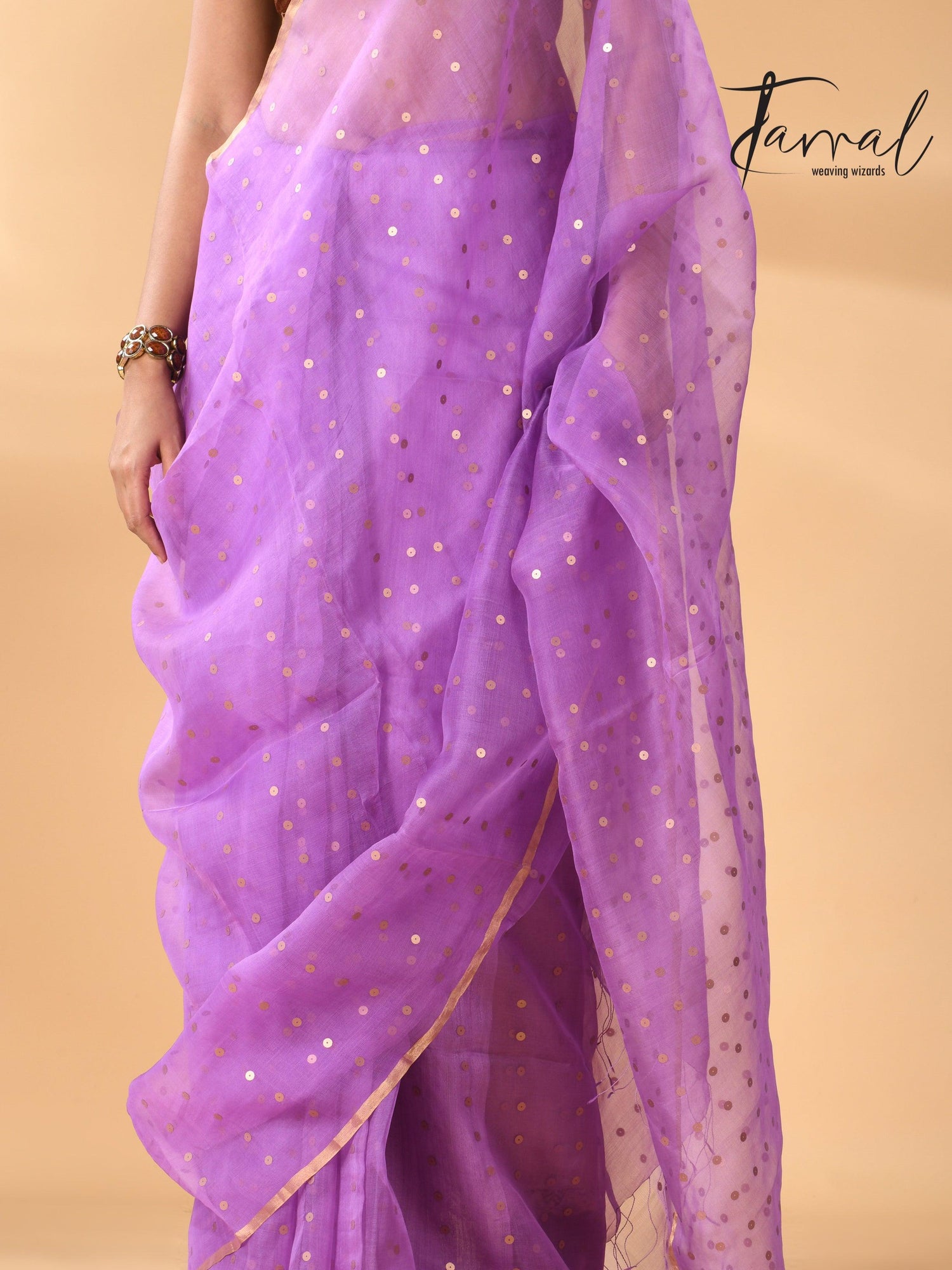 Light Purple With Zari Sequins Muslin Silk Handwoven Jamdani Saree bottom