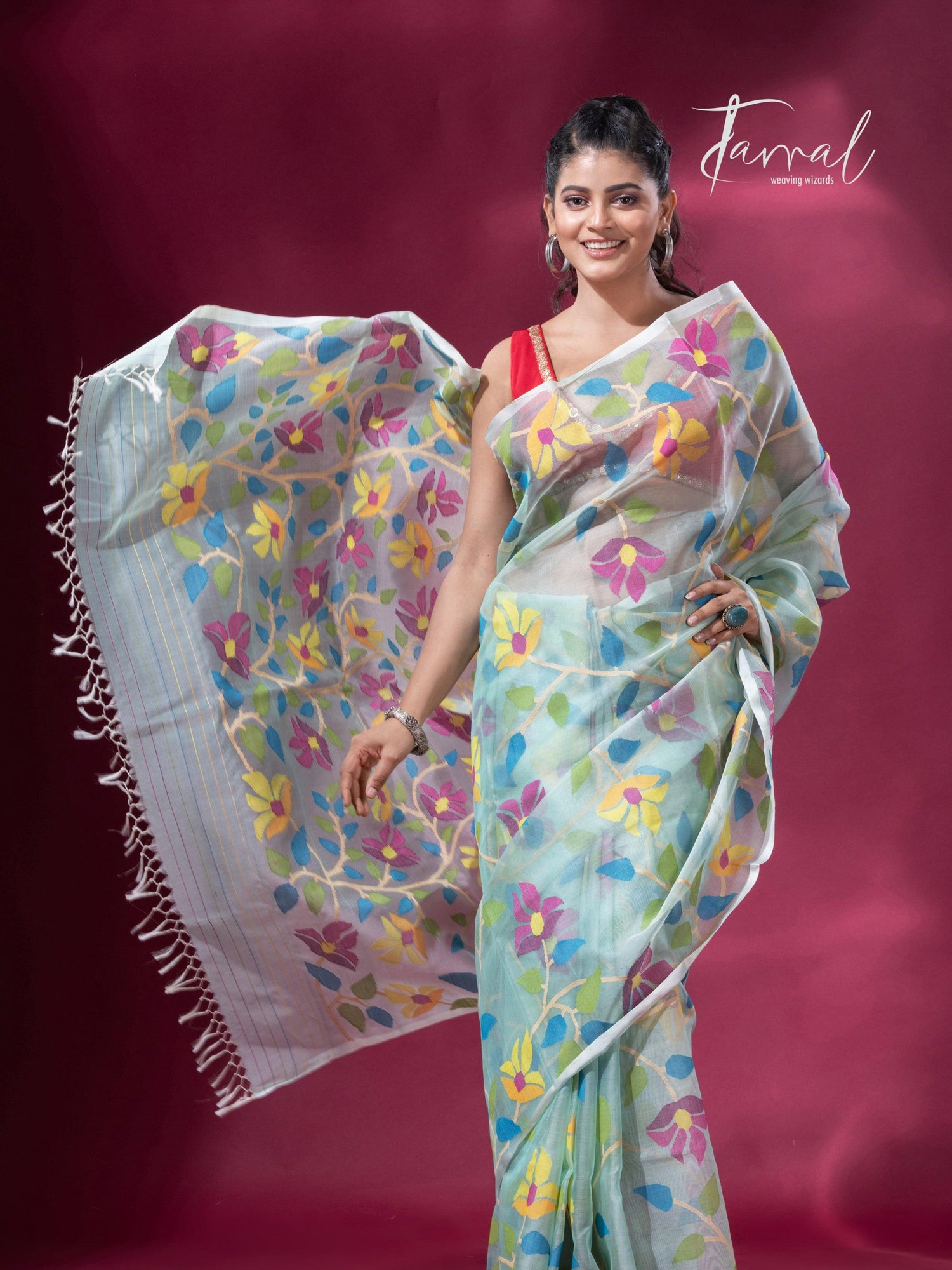 Light Sea Green Floral Delight allover Handwoven Jamdani Saree1