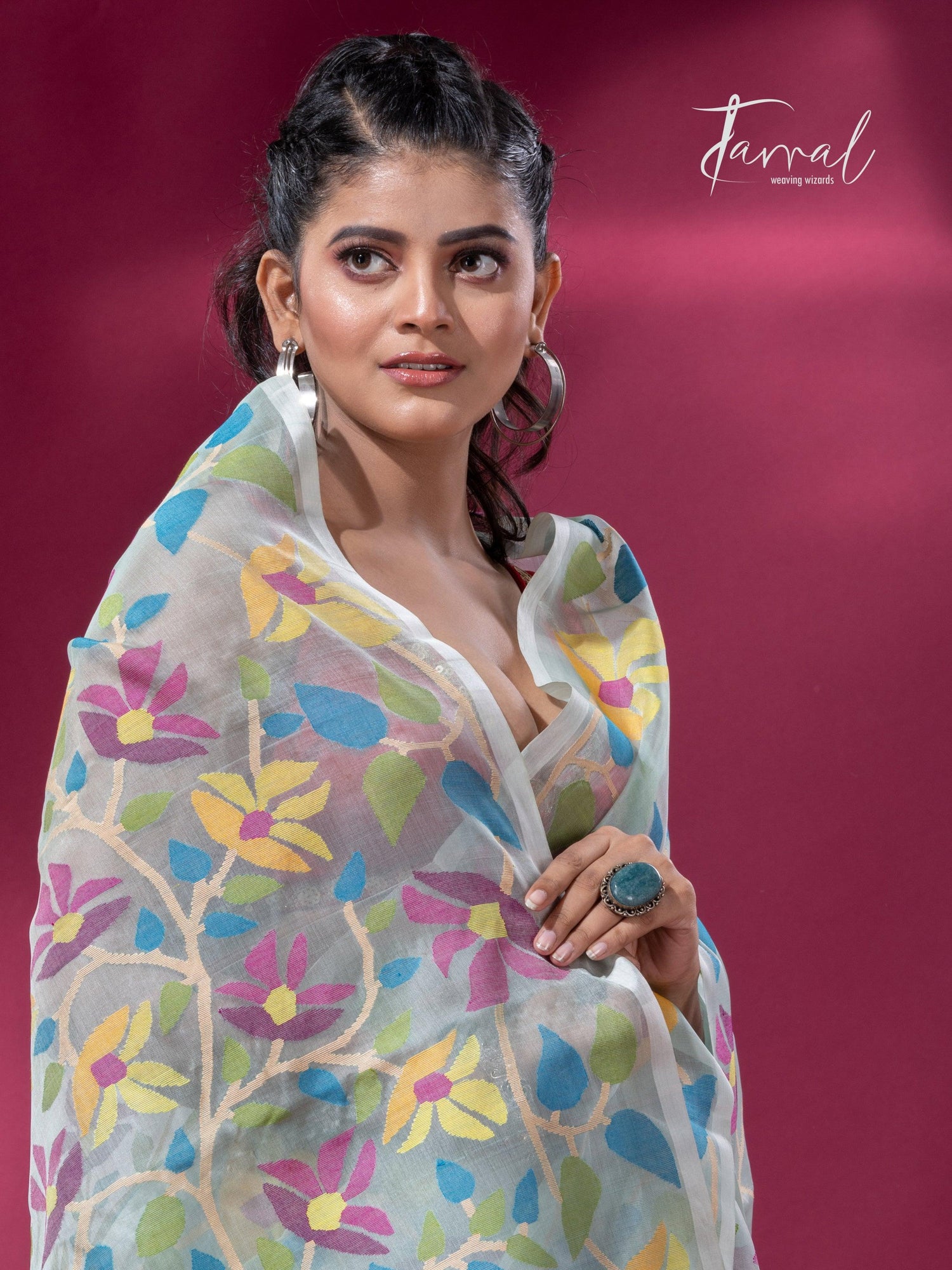 Light Sea Green Floral Delight allover Handwoven Jamdani Saree2