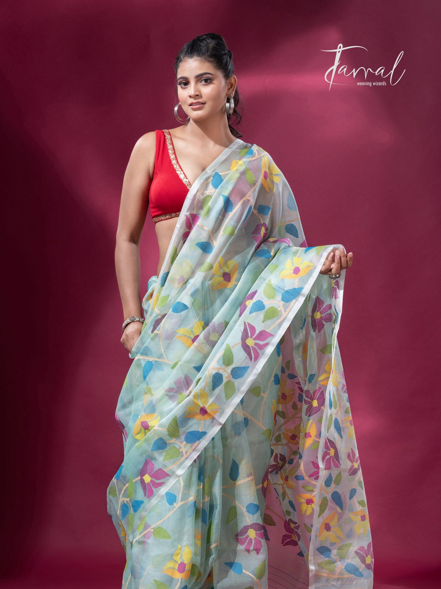 Light Sea Green Floral Delight allover Handwoven Jamdani Saree3