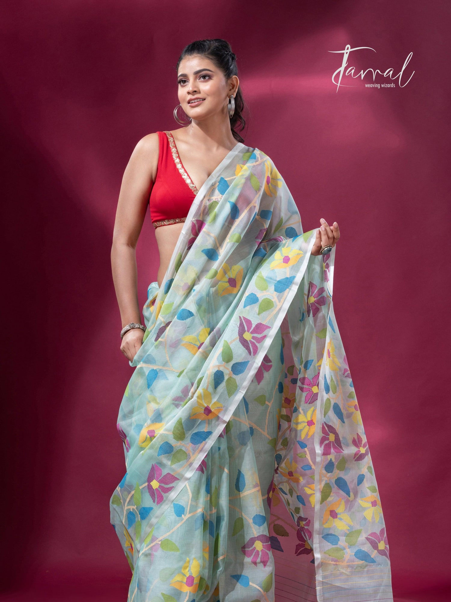 Light Sea Green Floral Delight allover Handwoven Jamdani Saree4