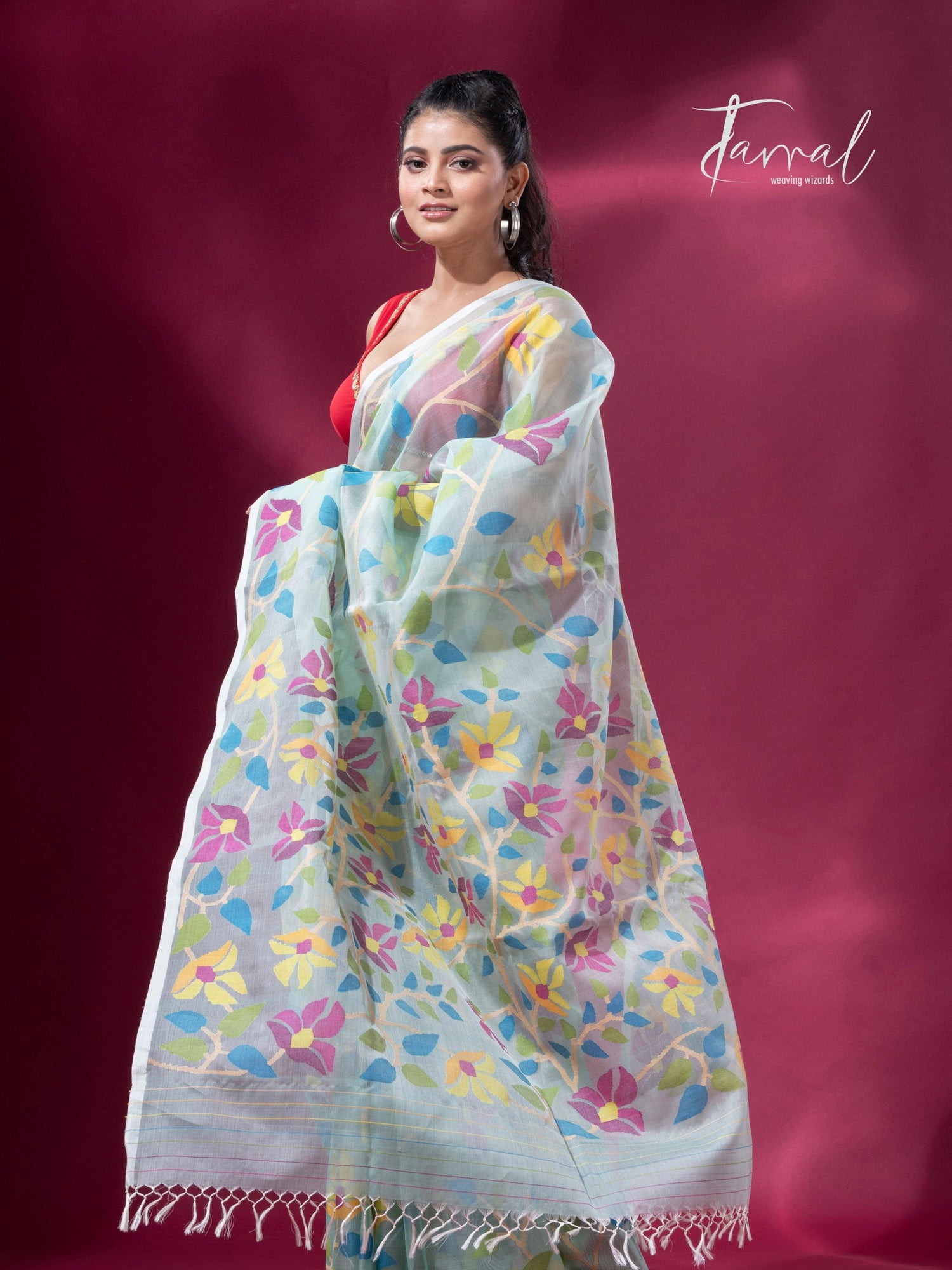 Light Sea Green Floral Delight allover Handwoven Jamdani Saree4