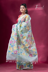 Light Sea Green Floral Delight allover Handwoven Jamdani Saree4