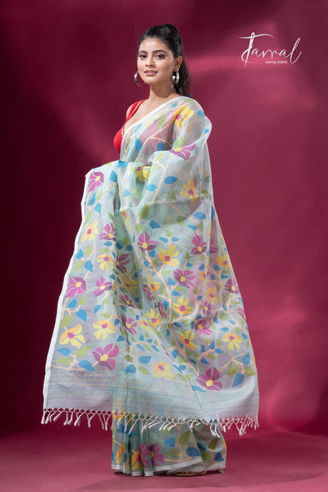 Light Sea Green Floral Delight allover Handwoven Jamdani Saree4