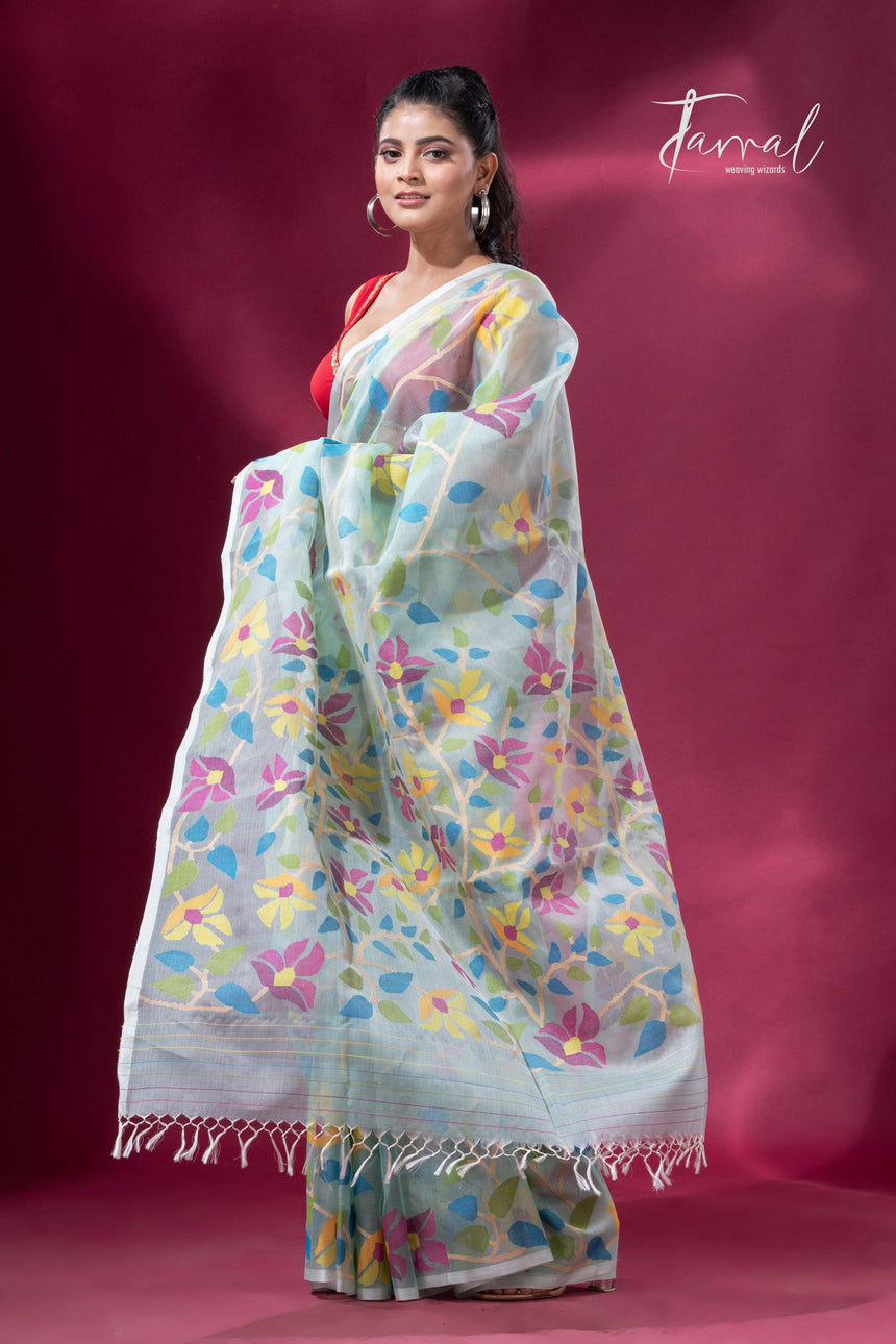Light Sea Green Floral Delight allover Handwoven Jamdani Saree4