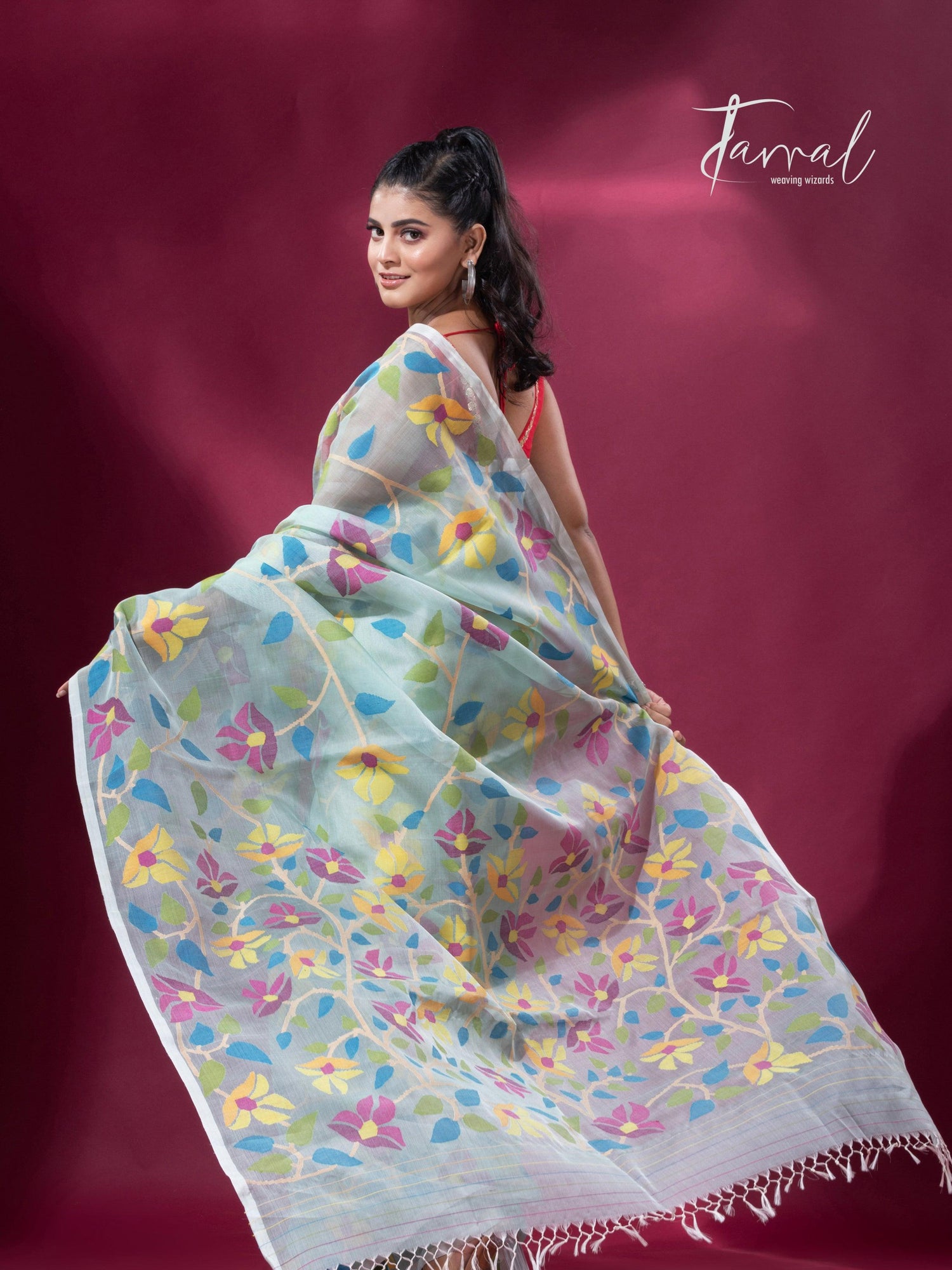 Light Sea Green Floral Delight allover Handwoven Jamdani Saree6