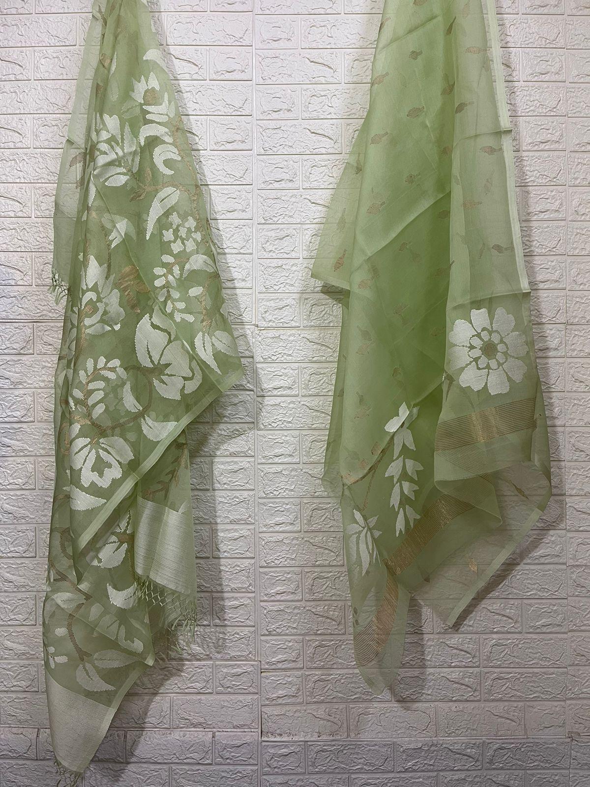Light apple green with white allover floral handwoven muslin silk Kurti & Dupatta set - Tamal Boutique
