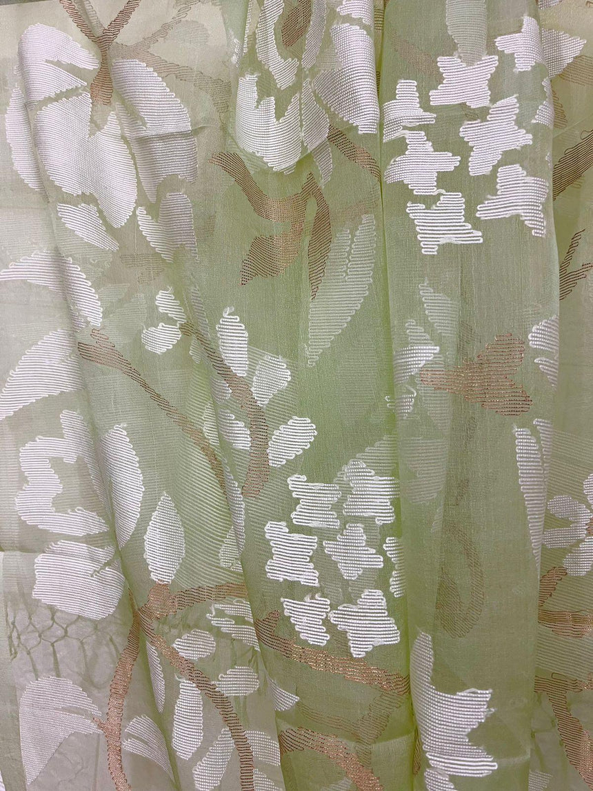 Light apple green with white allover floral handwoven muslin silk Kurti & Dupatta set - Tamal Boutique
