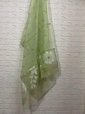 Light apple green with white allover floral handwoven muslin silk Kurti & Dupatta set - Tamal Boutique
