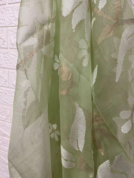 Light apple green with white allover floral handwoven muslin silk Kurti & Dupatta set - Tamal Boutique