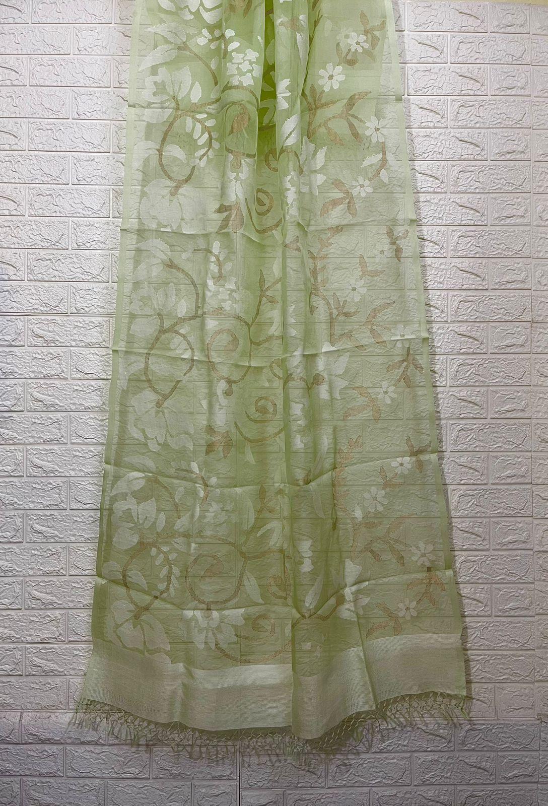 Light apple green with white allover floral handwoven muslin silk Kurti & Dupatta set - Tamal Boutique