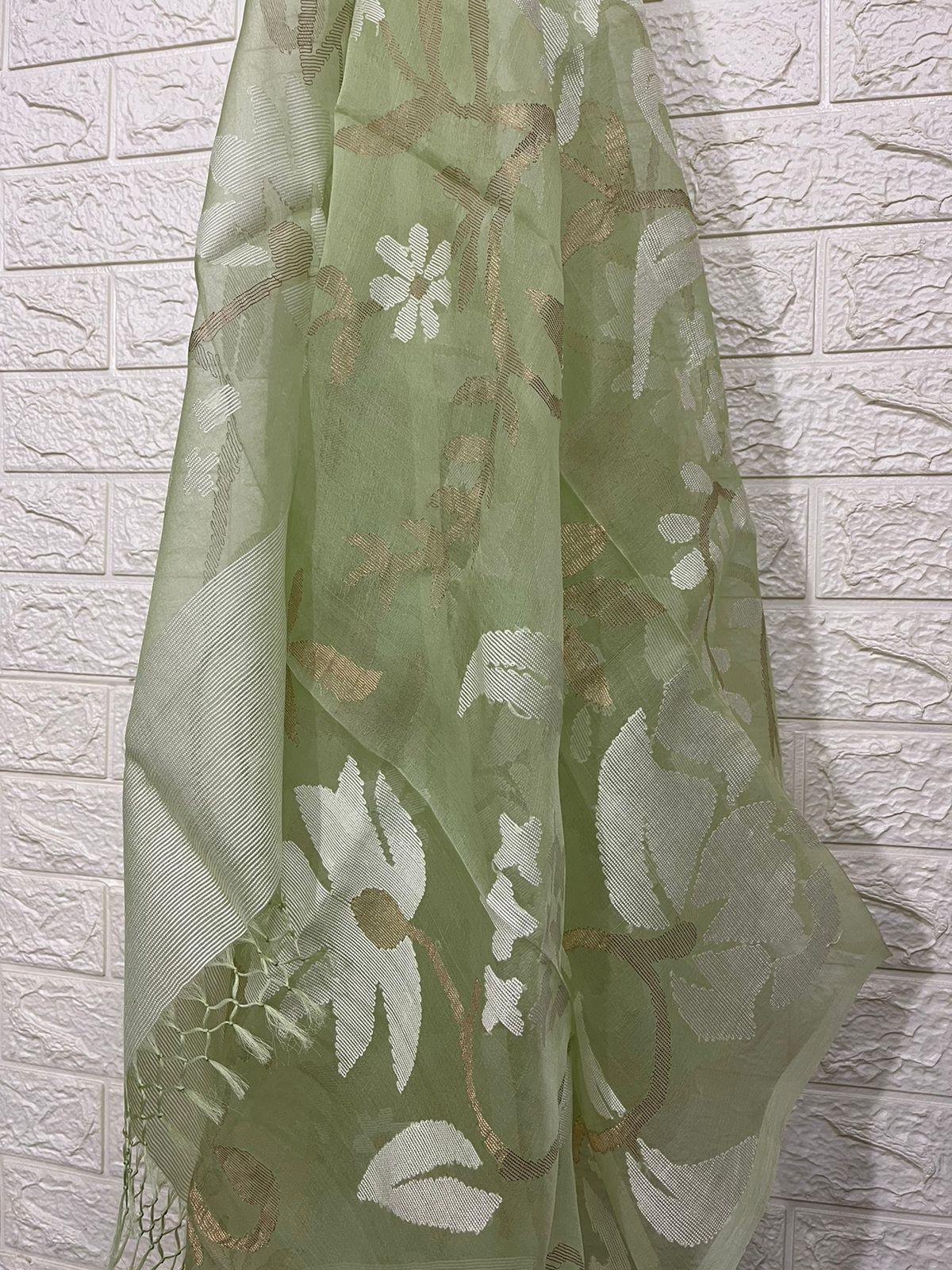 Light apple green with white allover floral handwoven muslin silk Kurti & Dupatta set - Tamal Boutique