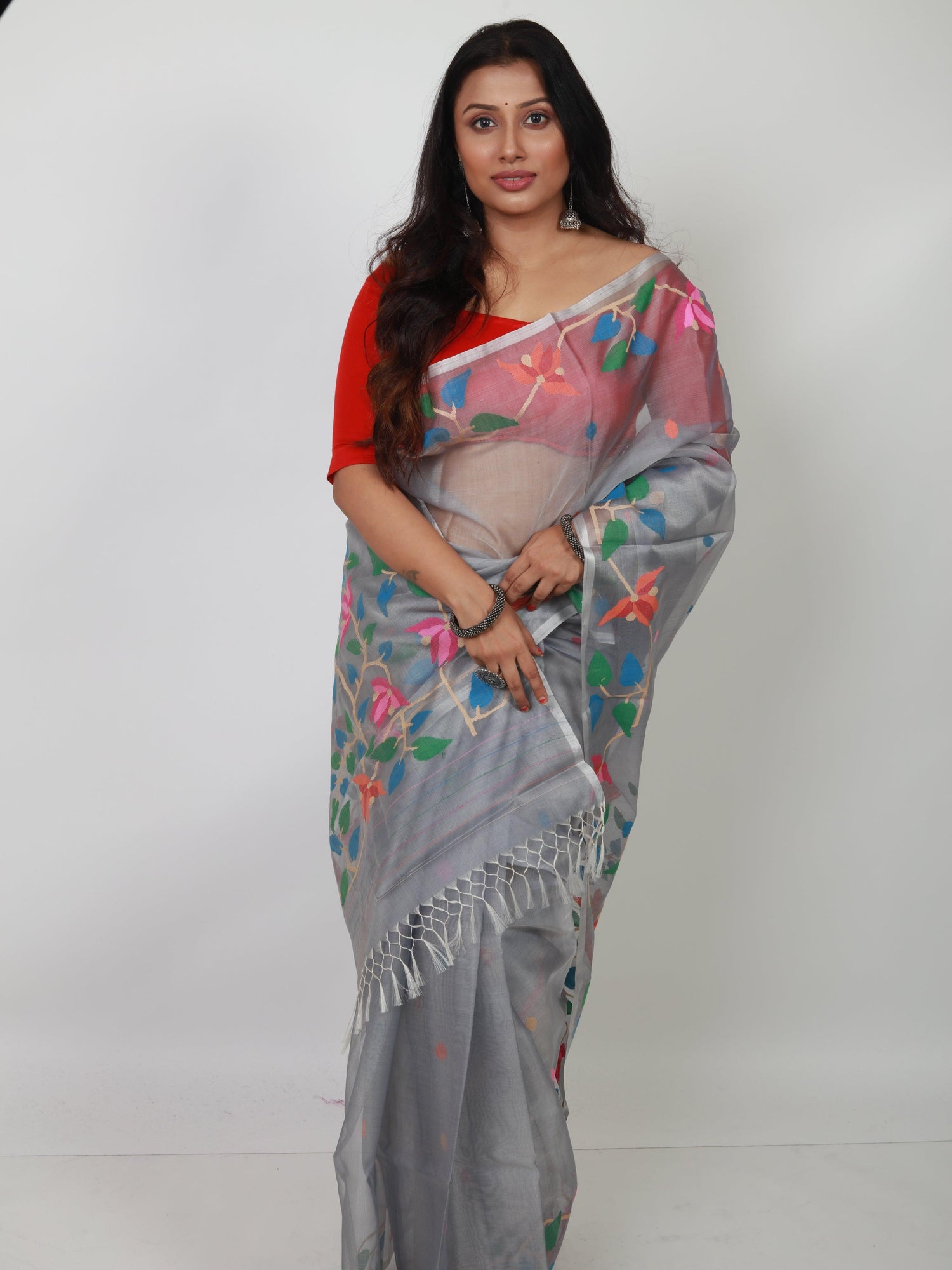 Light ash with multicolour muslin silk handwoven jamdani saree with blouse piece - Tamal Boutique