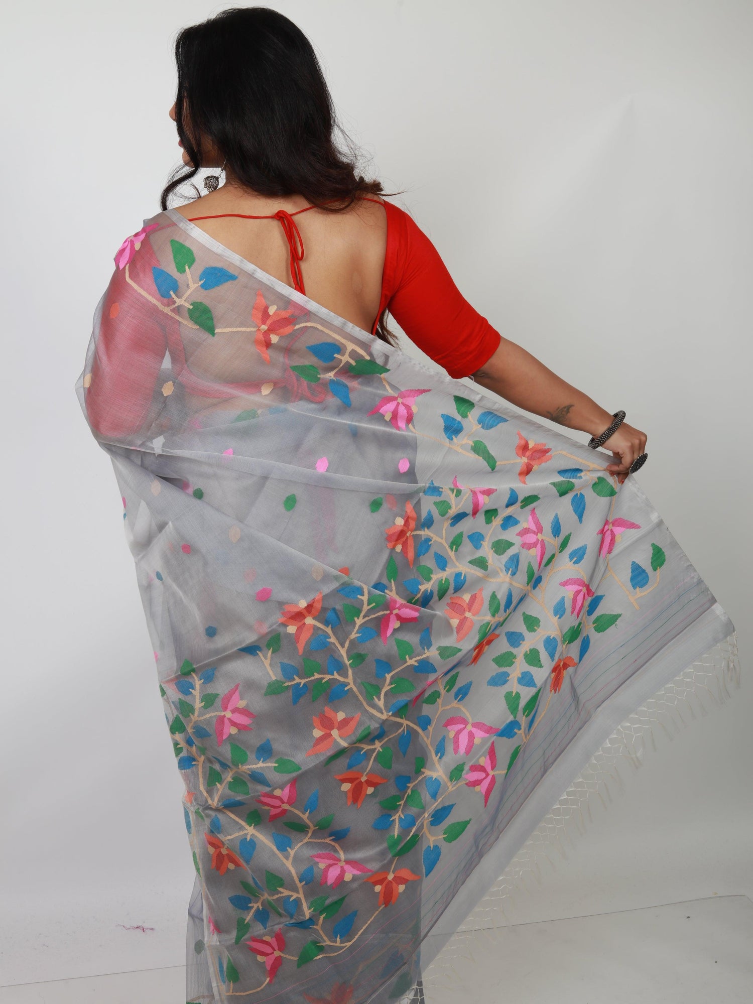 Light ash with multicolour muslin silk handwoven jamdani saree with blouse piece - Tamal Boutique