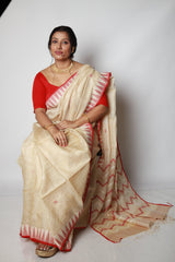 Light beige with red colour Tussar silk cut shuttle design handwoven jamdani saree - Tamal Boutique