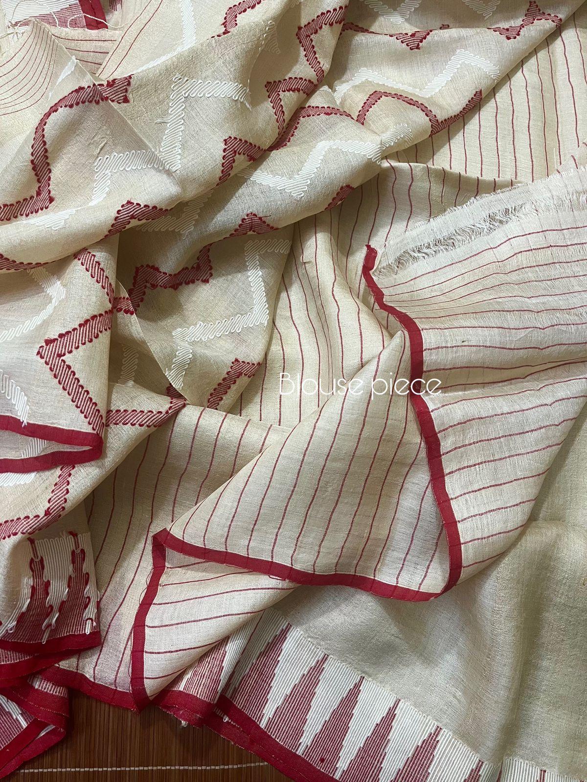 Light beige with red colour Tussar silk cut shuttle design handwoven jamdani saree - Tamal Boutique