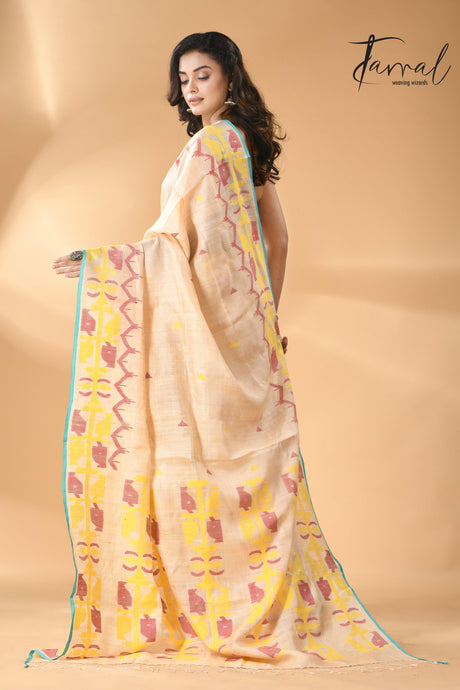 Light beige pure Tussar silk handwoven jamdani saree back