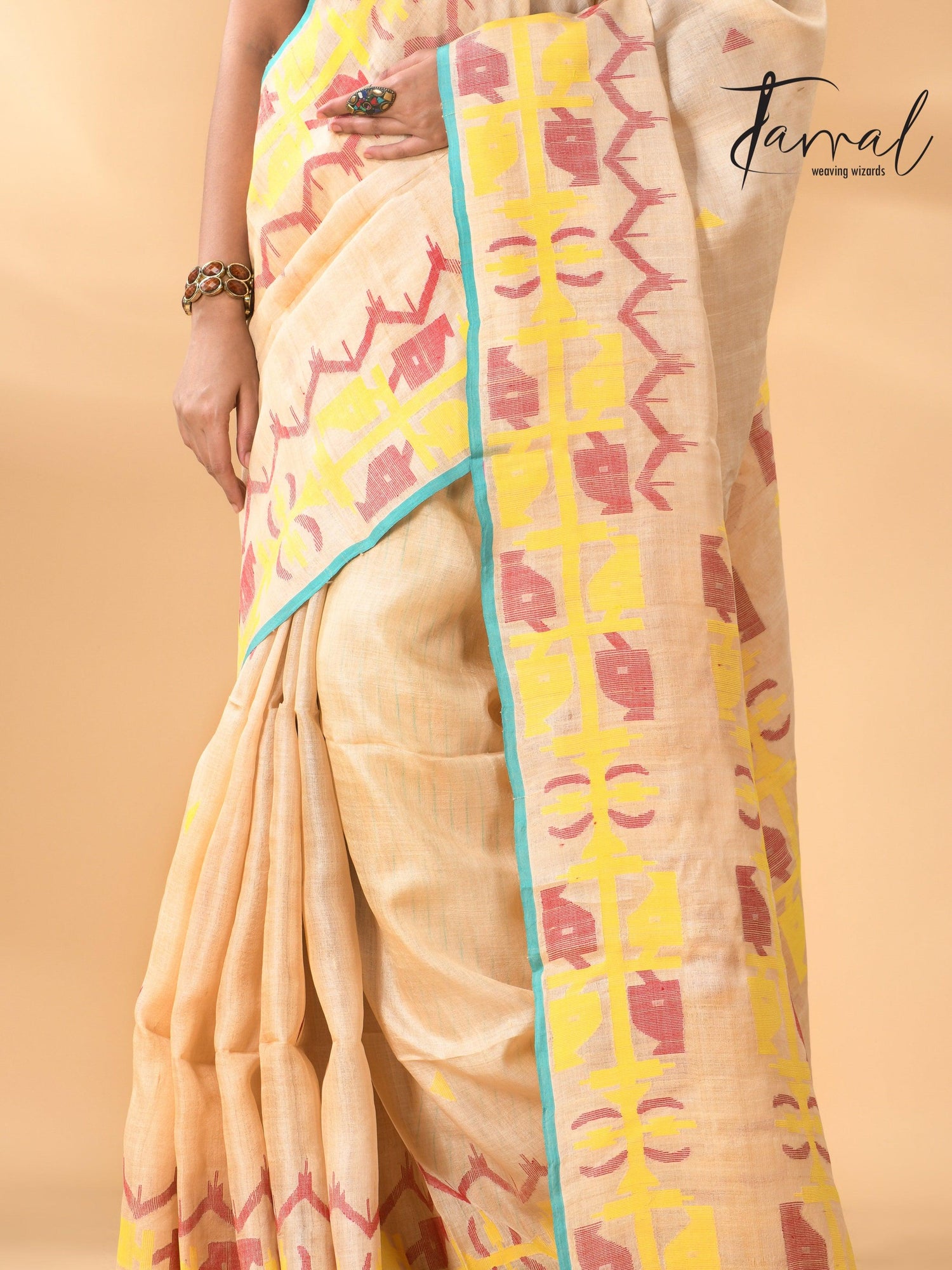 Light beige pure Tussar silk handwoven jamdani saree bottom