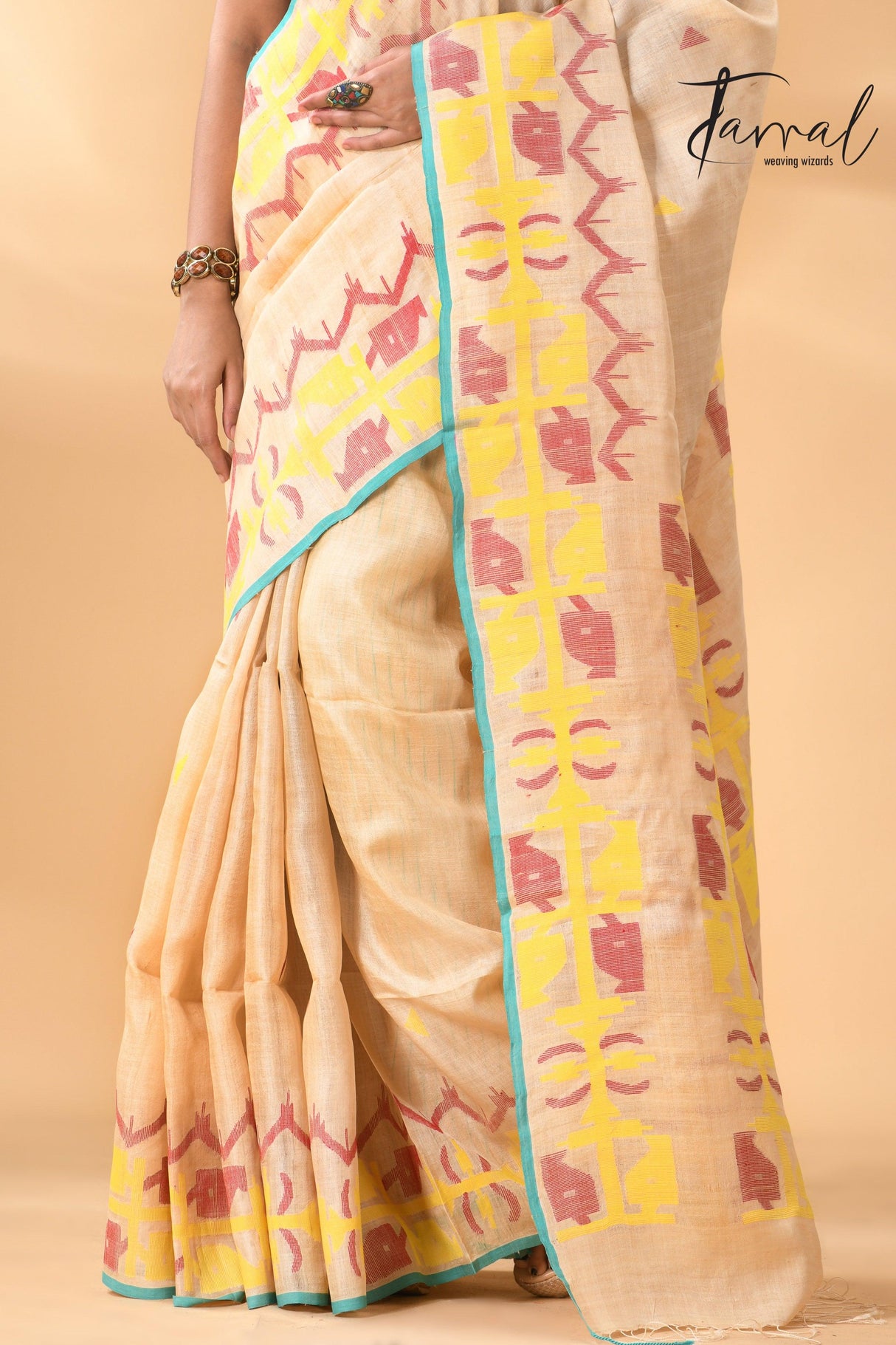 Light beige pure Tussar silk handwoven jamdani saree bottom