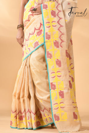 Light beige pure Tussar silk handwoven jamdani saree bottom
