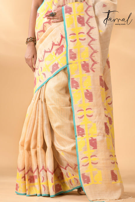 Light beige pure Tussar silk handwoven jamdani saree bottom