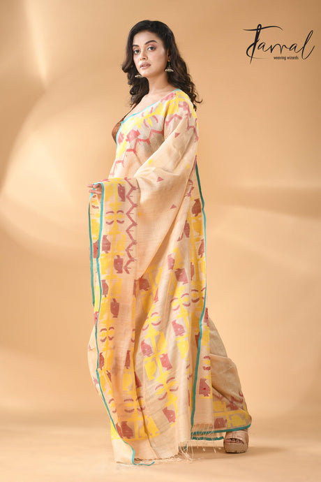 Light beige pure Tussar silk handwoven jamdani saree right2