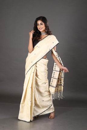 Light beige with black colour traditional tree tussar silk handwoven jamdani saree - Tamal Boutique