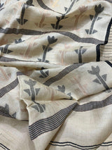 Light beige with black colour traditional tree tussar silk handwoven jamdani saree - Tamal Boutique