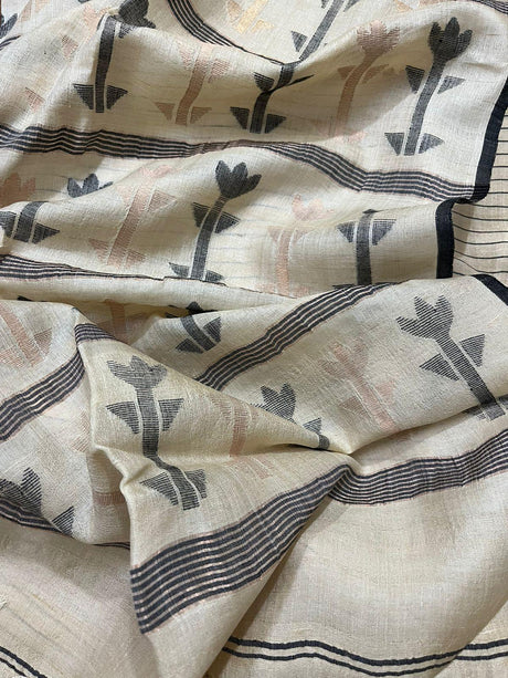 Light beige with black colour traditional tree tussar silk handwoven jamdani saree - Tamal Boutique