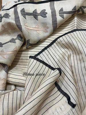 Light beige with black colour traditional tree tussar silk handwoven jamdani saree - Tamal Boutique