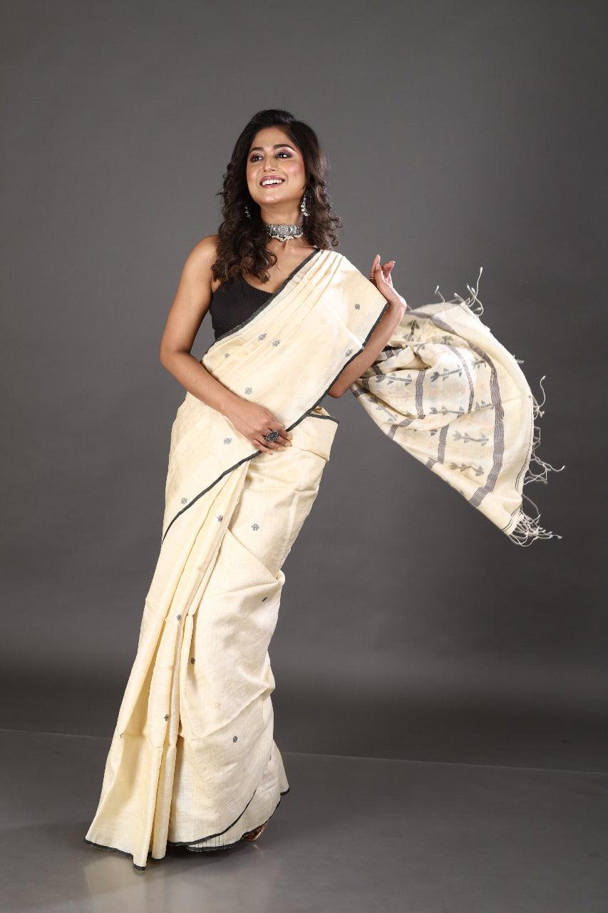 Light beige with black colour traditional tree tussar silk handwoven jamdani saree - Tamal Boutique