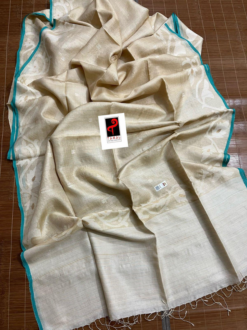Light beige with firoza border tusser silk handwoven jamdani saree with stripe blouse piece - Tamal Boutique