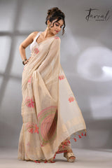 Light beige with floral motifs handloom silk cotton jamdani saree_Back