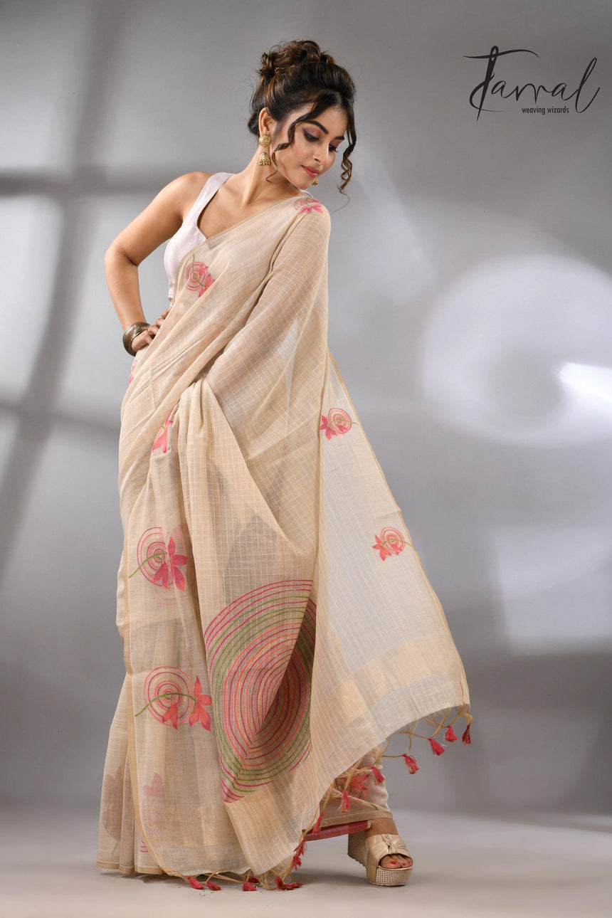 Light beige with floral motifs handloom silk cotton jamdani saree_Back
