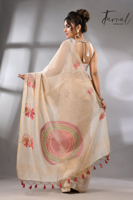 Light beige with floral motifs handloom silk cotton jamdani saree_Back2