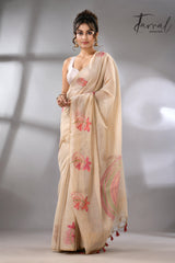 Light beige with floral motifs handloom silk cotton jamdani saree_Front2