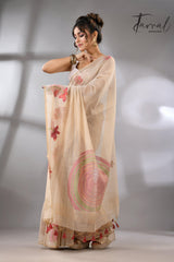 Light beige with floral motifs handloom silk cotton jamdani saree_Left