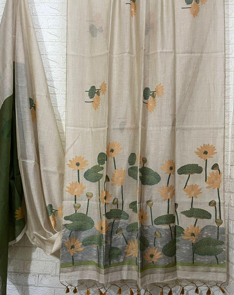 Light beige with yellow colour water lily woven motifs handloom silk cotton saree - Tamal Boutique