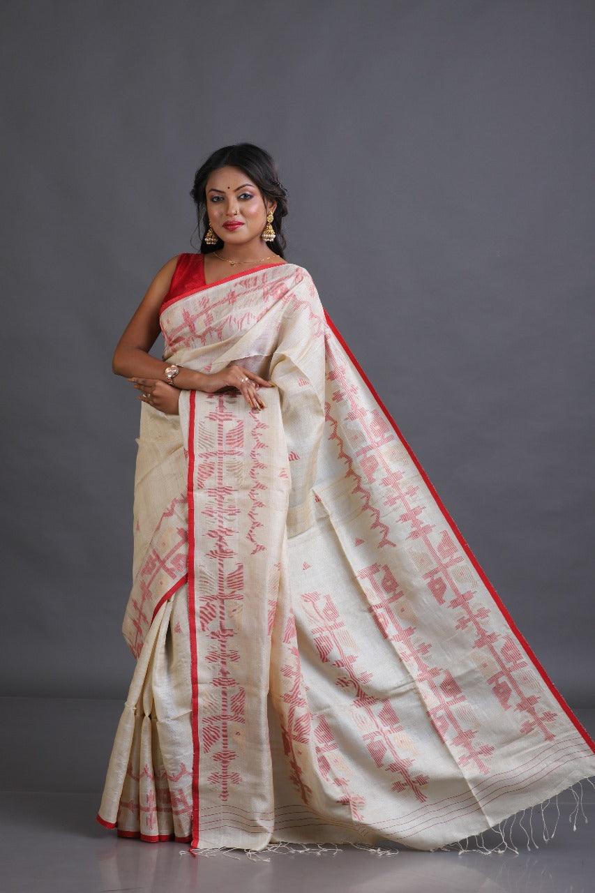 Light beige with red colour traditional tussar silk handwoven dhakai jamdani saree - Tamal Boutique