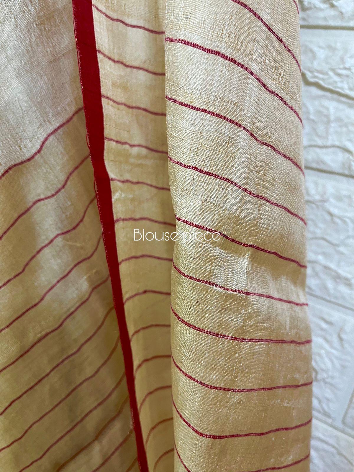 Light beige with red colour traditional tussar silk handwoven dhakai jamdani saree - Tamal Boutique