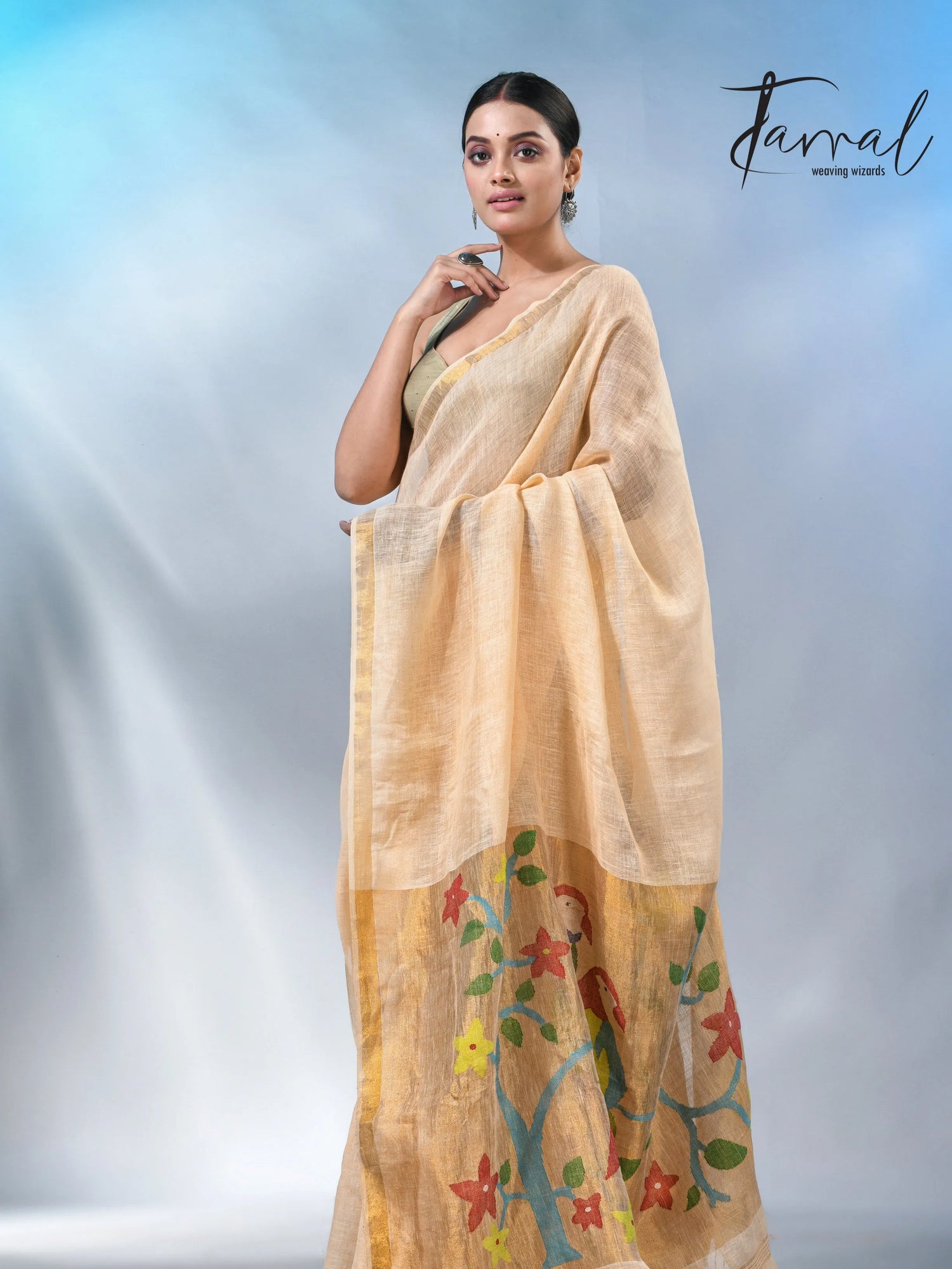 Cream with zari border in paithani pallu linen jamdani saree